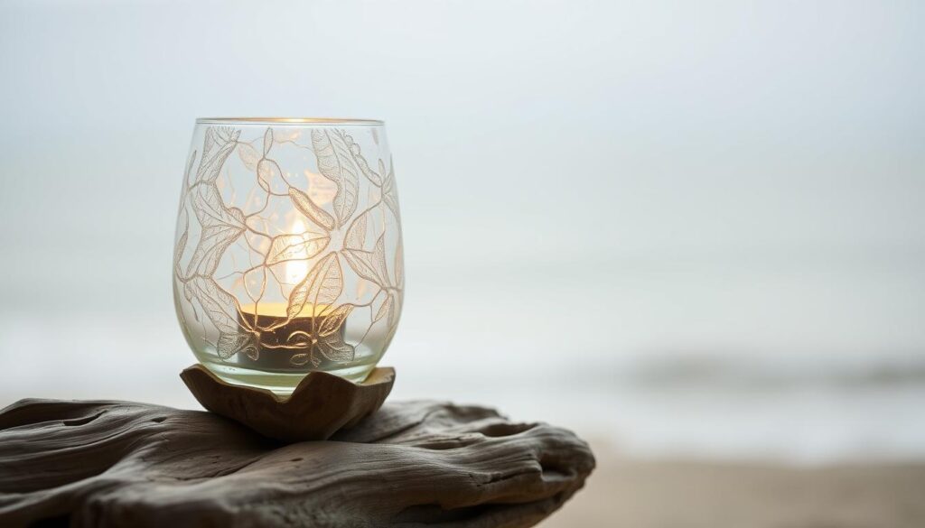 A beach-inspired glass candle holder, illuminated by soft, natural lighting. The foreground features a transparent glass vessel, its surface textured with intricate, organic patterns reminiscent of sea glass. Inside, a flickering flame casts a warm, inviting glow. The middle ground showcases a driftwood base, its weathered and worn appearance complementing the fragile beauty of the glass. The background evokes a serene, coastal atmosphere with muted colors and hazy, atmospheric lighting, creating a sense of tranquility and nostalgia. A beach-inspired glass candle holder, illuminated by soft, natural lighting. The foreground features a transparent glass vessel, its surface textured with intricate, organic patterns reminiscent of sea glass. Inside, a flickering flame casts a warm, inviting glow. The middle ground showcases a driftwood base, its weathered and worn appearance complementing the fragile beauty of the glass. The background evokes a serene, coastal atmosphere with muted colors and hazy, atmospheric lighting, creating a sense of tranquility and nostalgia.