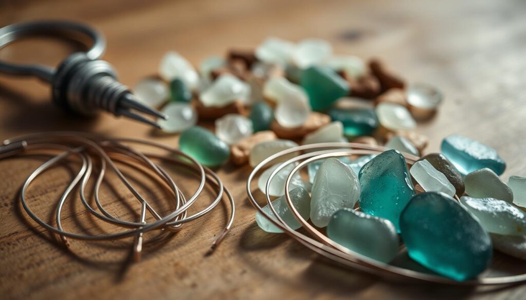 A carefully composed still life, shot with a macro lens in soft, natural lighting. In the foreground, a selection of wire gauges in varying thicknesses, arranged neatly on a wooden surface. The gauges, some coiled, others straightened, cast delicate shadows, hinting at their tactile qualities. In the middle ground, various sea glass pieces in an array of colors and shapes, some with the faint remnants of their original forms visible. The background is blurred, allowing the focus to remain on the tools and materials of the craft. The overall scene conveys a sense of artisanal elegance, inviting the viewer to imagine the intricate process of transforming these humble ingredients into unique, wearable works of art. A carefully composed still life, shot with a macro lens in soft, natural lighting. In the foreground, a selection of wire gauges in varying thicknesses, arranged neatly on a wooden surface. The gauges, some coiled, others straightened, cast delicate shadows, hinting at their tactile qualities. In the middle ground, various sea glass pieces in an array of colors and shapes, some with the faint remnants of their original forms visible. The background is blurred, allowing the focus to remain on the tools and materials of the craft. The overall scene conveys a sense of artisanal elegance, inviting the viewer to imagine the intricate process of transforming these humble ingredients into unique, wearable works of art.