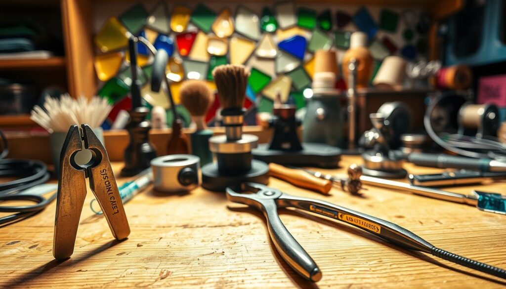 A close-up view of a well-lit workbench showcasing an array of stained glass tools. In the foreground, a pair of sturdy glass cutters, a soldering iron, and a grozing pliers stand ready. In the middle ground, a glass cutter's brush, a glass grinder, and a small glass cutter's table are neatly arranged. In the background, a varied collection of glass pieces, foil, and solder reels suggest the tools' intended use. The scene is bathed in a warm, natural light, casting soft shadows and highlighting the metallic sheen of the instruments, creating an inviting and professional atmosphere for a beginner's stained glass workspace.