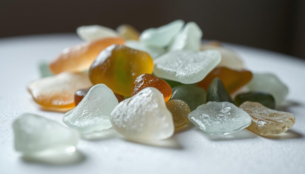 A collection of imperfect, unnatural-looking pieces of glass that have been artificially smoothed and weathered to resemble genuine sea glass. The foreground features a close-up of several translucent, irregularly shaped shards in muted tones of green, blue, and amber, arranged haphazardly against a blurred, soft-focused background. The lighting is diffused and gentle, creating a sense of delicacy and fragility. The overall atmosphere is one of subtlety and restraint, hinting at the deception inherent in these "fake" sea glass specimens.