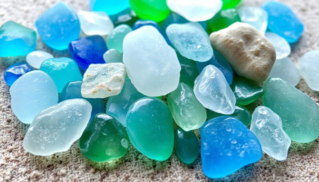 A collection of sea glass in various shades of blue, green, and frosted white, arranged on a textured surface. The glass fragments have been smoothed and weathered by the ocean's currents, revealing their unique shapes and patterns. The lighting is soft and diffused, creating a serene, natural atmosphere. The depth of field is shallow, focusing the viewer's attention on the intricate details and textures of the sea glass. The composition is balanced and visually appealing, showcasing the regional variations in the aging process of these natural, ocean-worn treasures.