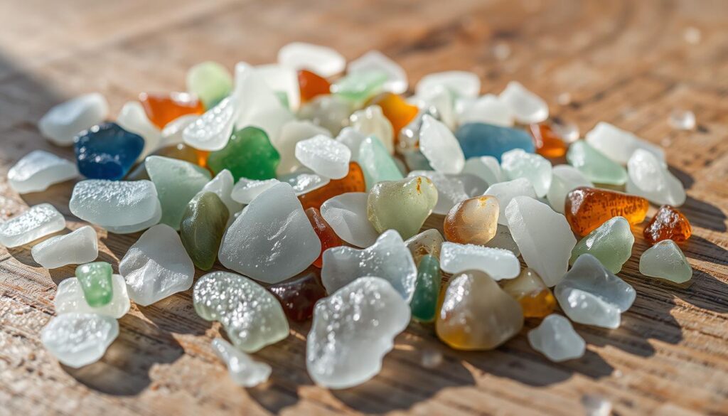 A collection of smooth, frosted glass fragments lies scattered on a wooden surface, illuminated by soft, natural lighting. The pieces range in color from transparent to shades of blue, green, and brown, reflecting the diverse hues of the sea. Their irregular shapes and textured surfaces suggest the weathering of the waves, creating a sense of tranquility and a connection to the natural world. The image focuses on the intricate details of the sea glass, inviting the viewer to appreciate the unique beauty and storytelling potential of these natural treasures. A collection of smooth, frosted glass fragments lies scattered on a wooden surface, illuminated by soft, natural lighting. The pieces range in color from transparent to shades of blue, green, and brown, reflecting the diverse hues of the sea. Their irregular shapes and textured surfaces suggest the weathering of the waves, creating a sense of tranquility and a connection to the natural world. The image focuses on the intricate details of the sea glass, inviting the viewer to appreciate the unique beauty and storytelling potential of these natural treasures.