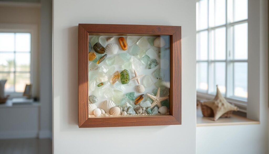 A cozy beachside cottage, its walls adorned with a handcrafted DIY sea glass shadow box. Soft, natural lighting filters through a large window, casting a warm glow on the mosaic of weathered glass shards, meticulously arranged in a captivating display. The box's wooden frame, sanded smooth and stained a rich coastal hue, complements the organic materials. Delicate seashells, driftwood, and a sprinkling of sand add texture and depth, evoking the tranquil essence of the shore. The overall composition exudes a sense of rustic elegance, inviting onlookers to pause and be transported to a serene seaside retreat. A cozy beachside cottage, its walls adorned with a handcrafted DIY sea glass shadow box. Soft, natural lighting filters through a large window, casting a warm glow on the mosaic of weathered glass shards, meticulously arranged in a captivating display. The box's wooden frame, sanded smooth and stained a rich coastal hue, complements the organic materials. Delicate seashells, driftwood, and a sprinkling of sand add texture and depth, evoking the tranquil essence of the shore. The overall composition exudes a sense of rustic elegance, inviting onlookers to pause and be transported to a serene seaside retreat.