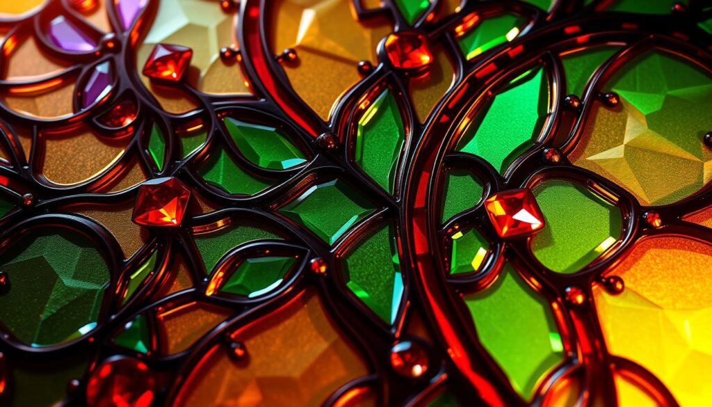 A detailed, multi-layered stained glass pattern featuring an intricate array of bevels and jewel-like elements. The composition showcases a captivating interplay of vibrant colors, including deep reds, greens, and blues, set against a rich, ethereal background. The pattern is illuminated by warm, directional lighting, casting a mesmerizing glow and adding depth and dimension to the design. The jewel-like accents are strategically placed, drawing the eye and elevating the overall visual interest. The result is a striking, visually striking image that evokes a sense of elegance, artistry, and a touch of the divine. A detailed, multi-layered stained glass pattern featuring an intricate array of bevels and jewel-like elements. The composition showcases a captivating interplay of vibrant colors, including deep reds, greens, and blues, set against a rich, ethereal background. The pattern is illuminated by warm, directional lighting, casting a mesmerizing glow and adding depth and dimension to the design. The jewel-like accents are strategically placed, drawing the eye and elevating the overall visual interest. The result is a striking, visually striking image that evokes a sense of elegance, artistry, and a touch of the divine.