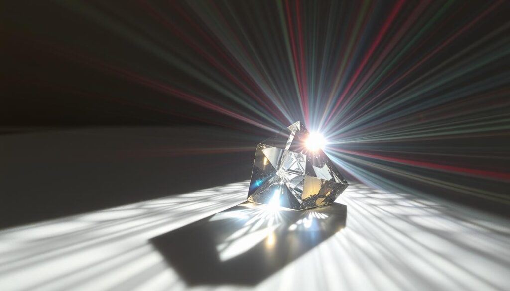 A glass prism rests on a minimalist surface, casting captivating light patterns across the scene. Brilliant rays refract and disperse, creating a mesmerizing display of chromatic energy. Dramatic shadows and highlights sculpt the intricate forms, evoking a sense of depth and dimensionality. The lighting is balanced, with soft ambient illumination complementing the striking, directional beams. The camera angle is strategically chosen to showcase the captivating optical effects, drawing the viewer's gaze into the heart of the refractive phenomena. An aura of wonder and fascination permeates the composition, inviting the observer to explore the magic of light's interaction with the transparent material. A glass prism rests on a minimalist surface, casting captivating light patterns across the scene. Brilliant rays refract and disperse, creating a mesmerizing display of chromatic energy. Dramatic shadows and highlights sculpt the intricate forms, evoking a sense of depth and dimensionality. The lighting is balanced, with soft ambient illumination complementing the striking, directional beams. The camera angle is strategically chosen to showcase the captivating optical effects, drawing the viewer's gaze into the heart of the refractive phenomena. An aura of wonder and fascination permeates the composition, inviting the observer to explore the magic of light's interaction with the transparent material.
