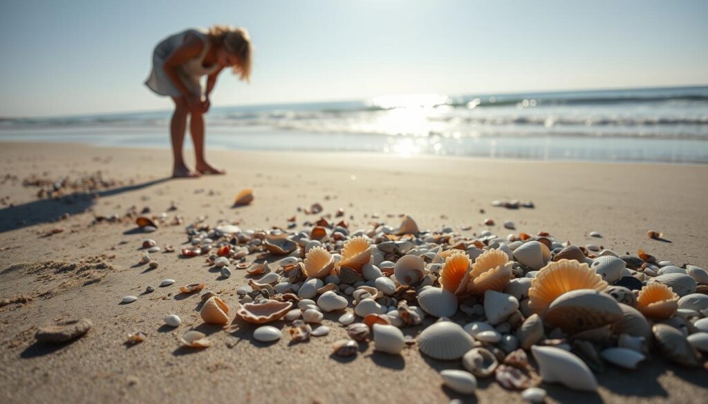 A peaceful beach with gently lapping waves, the sun casting a warm glow over the sand. In the foreground, a person intently scanning the shoreline, carefully examining the shells and stones littering the ground. The middle ground reveals a diverse array of seashells, their intricate patterns and colors catching the light. In the background, the horizon blends seamlessly between the sky and the ocean, creating a serene and tranquil atmosphere. The scene conveys a sense of mindfulness and appreciation for the natural world, reflecting the respectful and eco-friendly approach to shell hunting. A peaceful beach with gently lapping waves, the sun casting a warm glow over the sand. In the foreground, a person intently scanning the shoreline, carefully examining the shells and stones littering the ground. The middle ground reveals a diverse array of seashells, their intricate patterns and colors catching the light. In the background, the horizon blends seamlessly between the sky and the ocean, creating a serene and tranquil atmosphere. The scene conveys a sense of mindfulness and appreciation for the natural world, reflecting the respectful and eco-friendly approach to shell hunting.