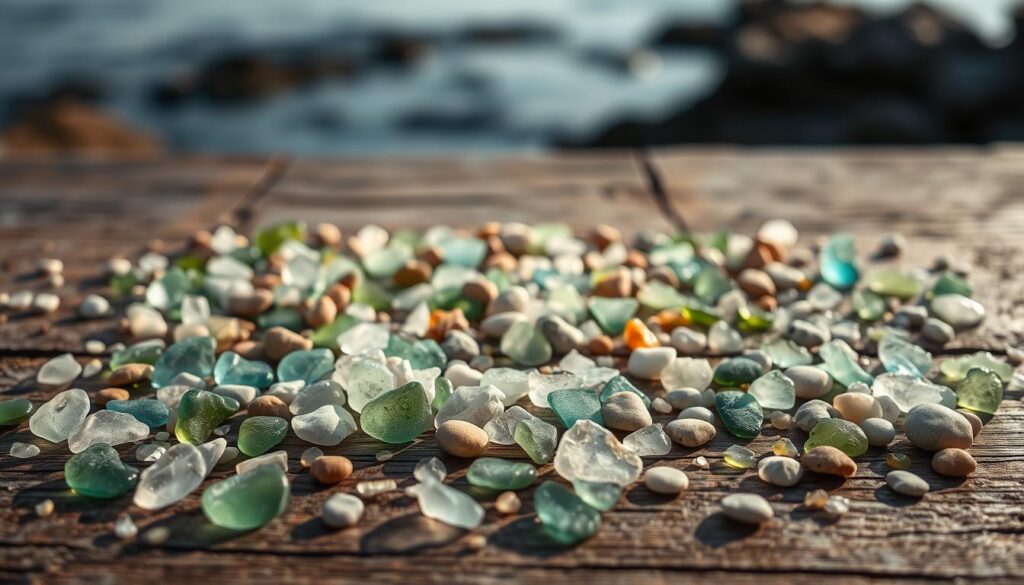 A rustic wooden table is showcased, its surface adorned with an array of sea glass in varying shades of green, blue, and white. Scattered amidst the glass pieces are small, smooth stones, creating a natural, earthy composition. The lighting is soft and diffused, casting a warm, ambient glow that enhances the translucent quality of the sea glass. In the background, a gentle, out-of-focus seascape provides a serene and calming backdrop, hinting at the origin of these treasured materials. The overall scene evokes a sense of nostalgia and the tranquility of the coastal environment.