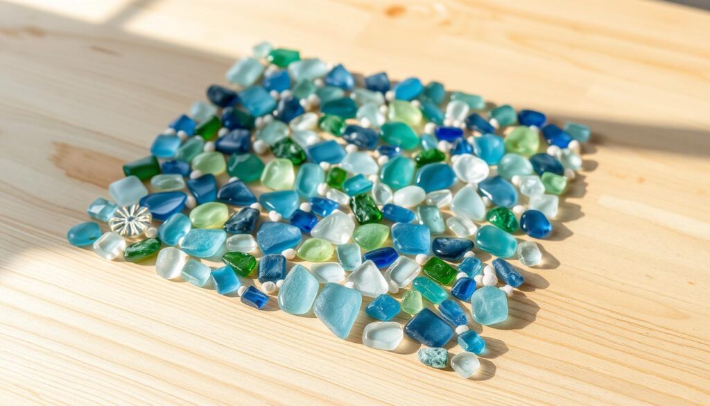 A sea glass mosaic base prepared on a wooden tabletop, with various shades of blue, green, and frosted glass pieces artfully arranged in a visually appealing pattern. The surface is smooth and level, ready to serve as a foundation for the mosaic project. Soft, natural lighting illuminates the translucent glass, creating a serene and calming atmosphere. The composition showcases the raw materials and the initial stage of the mosaic-making process, inviting the viewer to imagine the final, polished result. A sea glass mosaic base prepared on a wooden tabletop, with various shades of blue, green, and frosted glass pieces artfully arranged in a visually appealing pattern. The surface is smooth and level, ready to serve as a foundation for the mosaic project. Soft, natural lighting illuminates the translucent glass, creating a serene and calming atmosphere. The composition showcases the raw materials and the initial stage of the mosaic-making process, inviting the viewer to imagine the final, polished result.