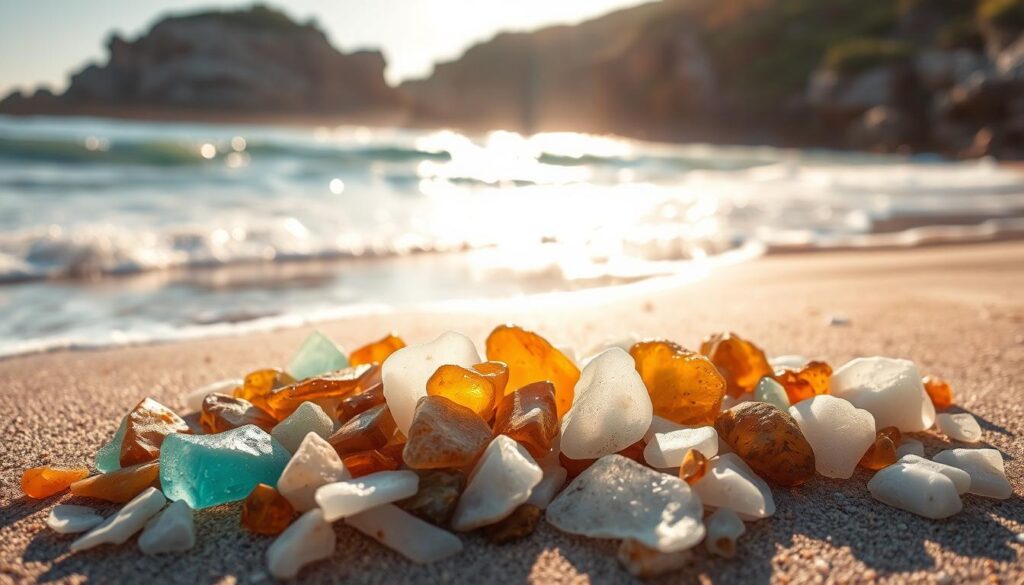 A serene coastal landscape, bathed in soft, warm sunlight. In the foreground, a collection of weathered sea glass fragments in a range of colors - turquoise, amber, and frosted white - arranged artfully on a sun-dappled beach. The middle ground features gently lapping waves, their motion captured in a dreamlike blur. In the distance, a rocky shoreline rises, with lush, verdant foliage cascading down the cliffs. The overall mood is one of tranquility and timelessness, inviting the viewer to reflect on the natural, centuries-old process that created these unique, glass treasures.