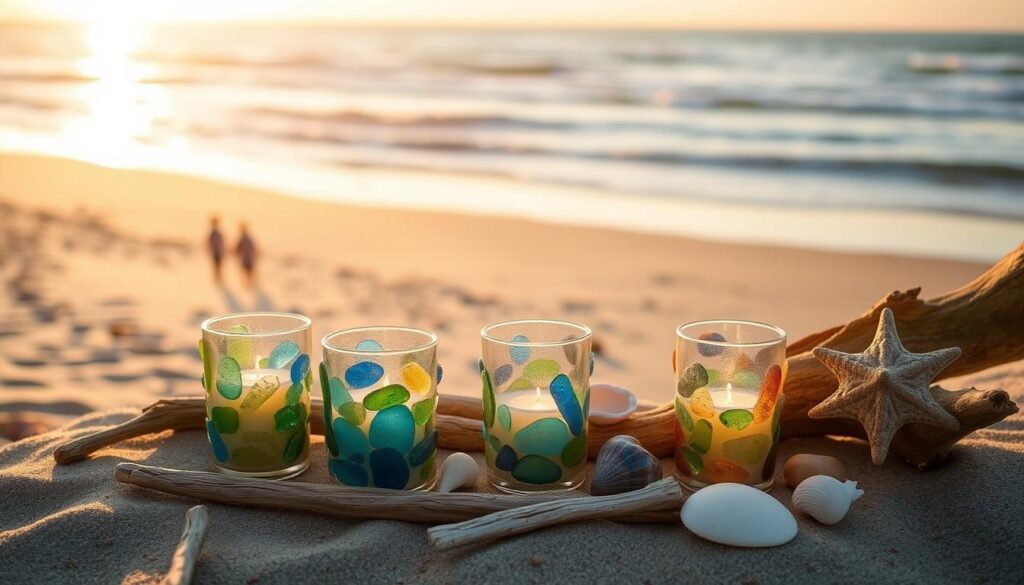 A serene coastal scene, featuring a collection of artfully arranged beach-inspired candle holders. In the foreground, a group of sea glass-adorned candle holders in various hues of blue, green, and amber, their soft glow illuminating the scene. In the middle ground, driftwood fragments and shells are strategically placed, adding natural texture and a sense of organic harmony. The background depicts a sun-dappled sandy beach, with soft waves lapping at the shore and a warm, golden sunset casting a tranquil, ethereal light over the entire tableau. The overall mood is one of relaxation, simplicity, and a connection to the natural world. A serene coastal scene, featuring a collection of artfully arranged beach-inspired candle holders. In the foreground, a group of sea glass-adorned candle holders in various hues of blue, green, and amber, their soft glow illuminating the scene. In the middle ground, driftwood fragments and shells are strategically placed, adding natural texture and a sense of organic harmony. The background depicts a sun-dappled sandy beach, with soft waves lapping at the shore and a warm, golden sunset casting a tranquil, ethereal light over the entire tableau. The overall mood is one of relaxation, simplicity, and a connection to the natural world.