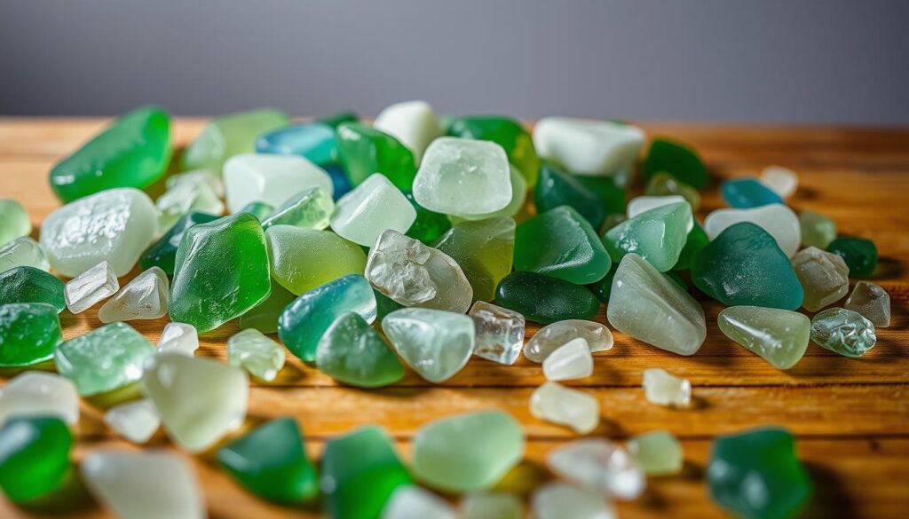 A still life arrangement showcasing an assortment of sea glass pieces in varying hues of green, blue, and frosted white. The glass fragments are meticulously arranged on a wooden surface, creating a harmonious and visually striking composition. Soft, diffused lighting illuminates the scene, highlighting the textural qualities and natural imperfections of the sea-tumbled glass. The overall mood is serene and contemplative, inviting the viewer to appreciate the beauty and tranquility of this quintessential coastal material. In the background, a slight blur suggests a neutral, uncluttered setting, allowing the sea glass to take center stage as the primary focus of the image.