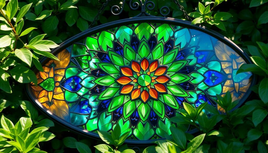 A stunning stained glass garden decoration, featuring vibrant hues of emerald, sapphire, and amber. The intricate patterns cast a kaleidoscopic display of light and shadow across the lush foliage, creating a mesmerizing focal point. Delicate glass panels are expertly crafted, encased in a wrought-iron frame that blends seamlessly with the surrounding greenery. Soft, diffused lighting illuminates the display, enhancing the depth and dimension of the piece. The overall effect is one of enchanting beauty, inviting the viewer to linger and appreciate the artistry on display. A stunning stained glass garden decoration, featuring vibrant hues of emerald, sapphire, and amber. The intricate patterns cast a kaleidoscopic display of light and shadow across the lush foliage, creating a mesmerizing focal point. Delicate glass panels are expertly crafted, encased in a wrought-iron frame that blends seamlessly with the surrounding greenery. Soft, diffused lighting illuminates the display, enhancing the depth and dimension of the piece. The overall effect is one of enchanting beauty, inviting the viewer to linger and appreciate the artistry on display.