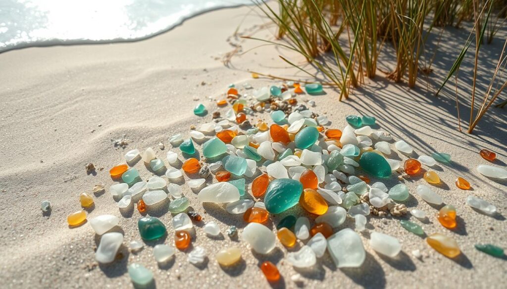 A sun-dappled beach, dotted with an array of sea glass in a spectrum of colors - teal, amber, frosted white, and seafoam green. The gentle waves lap at the shore, depositing the smooth, rounded fragments amongst the soft, undulating sand. A light, salty breeze rustles the nearby dune grasses, creating a serene, meditative atmosphere. Capture this tranquil scene through a wide-angle lens, emphasizing the interplay of the glass and the natural elements. Utilize natural lighting to accentuate the alluring textures and hues of the sea-worn treasures. A sun-dappled beach, dotted with an array of sea glass in a spectrum of colors - teal, amber, frosted white, and seafoam green. The gentle waves lap at the shore, depositing the smooth, rounded fragments amongst the soft, undulating sand. A light, salty breeze rustles the nearby dune grasses, creating a serene, meditative atmosphere. Capture this tranquil scene through a wide-angle lens, emphasizing the interplay of the glass and the natural elements. Utilize natural lighting to accentuate the alluring textures and hues of the sea-worn treasures.