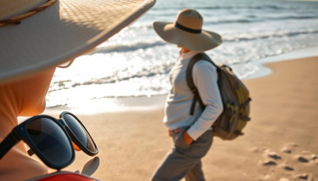 A sun-dappled beach, the waves lapping gently at the shore. In the foreground, a wide-brimmed hat casts a protective shadow over a pair of sunglasses and a tube of high-SPF sunscreen, the essentials for a sea glass hunting expedition. In the middle ground, a light, breathable long-sleeved shirt and a pair of sturdy, quick-drying pants shield the adventurer's skin from the sun's rays. In the background, a sturdy, wide-brimmed sun hat sits atop a backpack, ready to shield the wearer's face and neck from the glare. The scene is bathed in a warm, golden glow, evoking a sense of tranquility and preparedness for the day's sea glass hunt. A sun-dappled beach, the waves lapping gently at the shore. In the foreground, a wide-brimmed hat casts a protective shadow over a pair of sunglasses and a tube of high-SPF sunscreen, the essentials for a sea glass hunting expedition. In the middle ground, a light, breathable long-sleeved shirt and a pair of sturdy, quick-drying pants shield the adventurer's skin from the sun's rays. In the background, a sturdy, wide-brimmed sun hat sits atop a backpack, ready to shield the wearer's face and neck from the glare. The scene is bathed in a warm, golden glow, evoking a sense of tranquility and preparedness for the day's sea glass hunt.