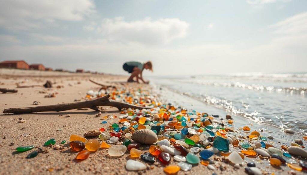 A sun-dappled shoreline at low tide, with a person carefully combing the sand and shallows for elusive sea glass gems. The foreground features an array of colorful, smoothed-edge shards - jade, amber, and sapphire - scattered amid driftwood and seashells. The middle ground captures the figure bent over, focused on their hunt, as gentle waves lap at the shore. The background depicts a softly clouded sky, with the horizon line hazy and indistinct, emphasizing the serene, contemplative mood. Warm, diffused natural lighting illuminates the scene, casting a hazy, dreamlike quality.