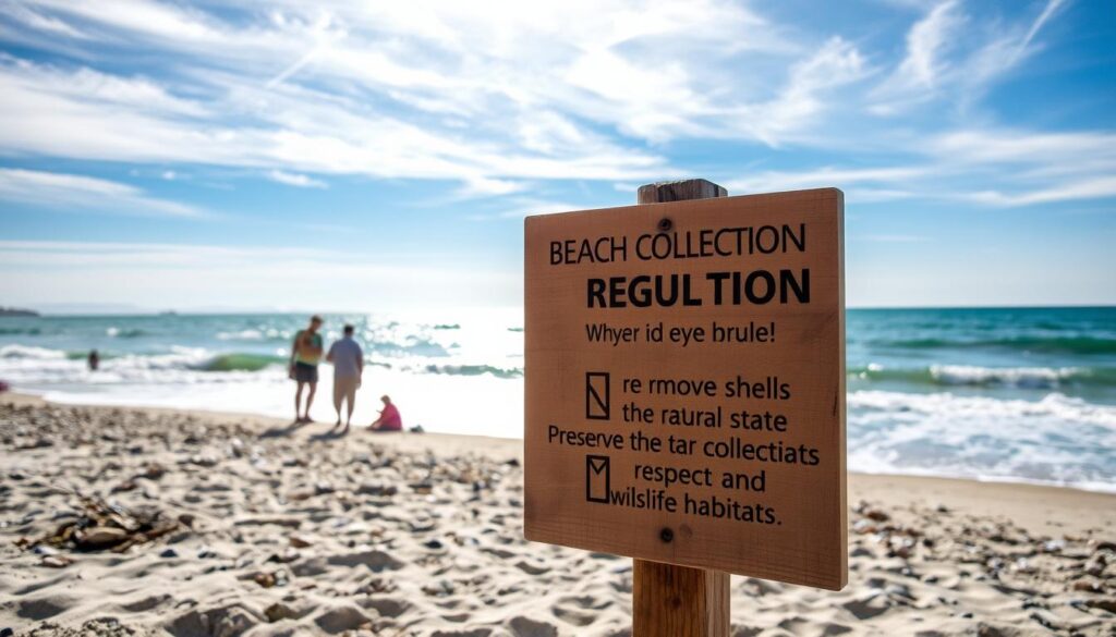 A tranquil beach scene, the sun's warm rays filtering through wispy clouds. In the foreground, a wooden sign stands, its weathered surface etched with a list of beach collection regulations - no removing shells, preserving the natural state, respecting wildlife habitats. The mid-ground depicts beachgoers carefully selecting pieces to add to their collections, mindful of the rules. In the background, the ocean's azure waves gently lap at the shoreline, a serene and inviting setting for responsible beach exploration. A tranquil beach scene, the sun's warm rays filtering through wispy clouds. In the foreground, a wooden sign stands, its weathered surface etched with a list of beach collection regulations - no removing shells, preserving the natural state, respecting wildlife habitats. The mid-ground depicts beachgoers carefully selecting pieces to add to their collections, mindful of the rules. In the background, the ocean's azure waves gently lap at the shoreline, a serene and inviting setting for responsible beach exploration.