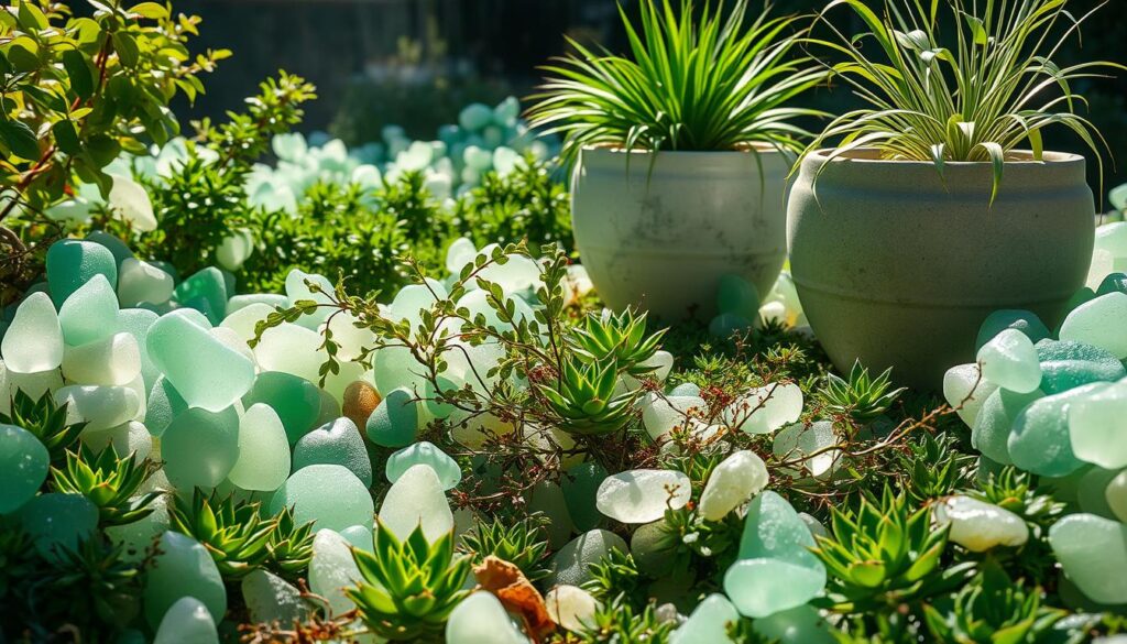A tranquil sea glass garden oasis, sunlight filtering through a collection of smooth, frosted glass in shades of green, blue, and white. Scattered throughout lush, verdant foliage, the glass containers catch the light, creating a mesmerizing display. In the foreground, a mix of succulents and trailing vines spill out of the containers, their textures complementing the organic shapes of the sea glass. In the middle ground, larger planters hold thriving, architectural plants, their leaves casting soft shadows. In the background, a gentle haze of atmosphere lends a dreamlike quality, inviting the viewer to step into this serene, nature-inspired scene.