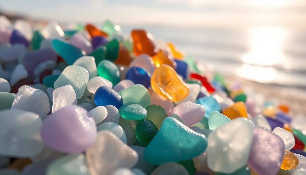 A vibrant array of sea glass colors, captured in a serene, ethereal composition. In the foreground, a cluster of smooth, frosted shards in shimmering tones of aquamarine, jade, and lavender, as if plucked directly from the ocean's depths. The middle ground features a mix of rare hues - amber, cobalt, and even a hint of ruby - arranged in a captivating still life. The background blends into a soft, diffused seascape, with a gentle, coastal light casting a warm, golden glow over the entire scene. The overall mood is one of tranquility and wonder, inviting the viewer to explore the beauty and value of these uncommon sea glass treasures.