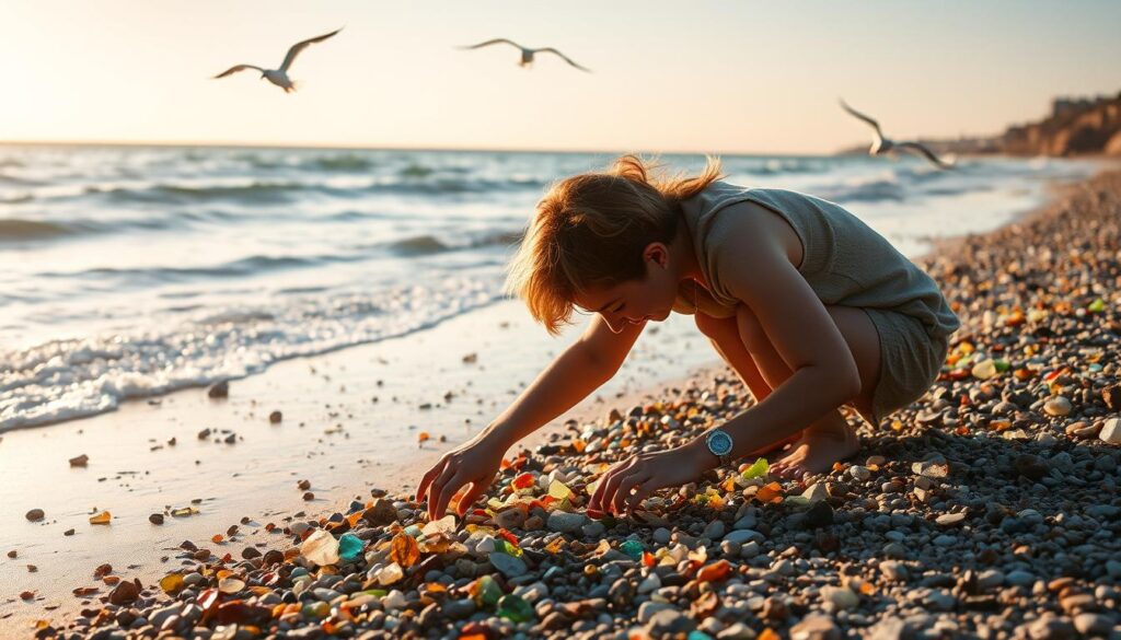 A vibrant seaside scene, with a person meticulously combing the shore, their eyes intently scanning the sand and pebbles for the elusive treasures of sea glass. The warm, golden light of the late afternoon sun casts a soft glow, illuminating the individual's silhouette as they carefully pick through the debris, their hands delicately sifting through the weathered fragments. In the background, the tranquil waves of the ocean gently lap against the shoreline, their rhythmic motion creating a soothing ambiance. Seabirds soar overhead, their graceful movements adding to the serene atmosphere. The overall composition captures the peaceful, meditative experience of sea glass hunting, perfectly embodying the seasonal shifts and variations that influence this captivating activity.