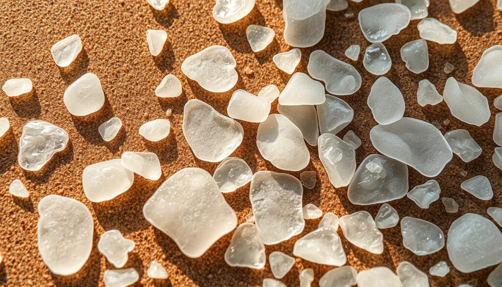 A weathered, textured surface of genuine sea glass, its frosted edges and undulating waves captured in intricate detail. The shimmering fragments, in a variety of soft, muted hues, are scattered across a warm, sandy backdrop, evoking the tranquil rhythm of the ocean. Diffused lighting casts gentle shadows, highlighting the unique imperfections and natural polishing of each piece. The overall composition conveys the timeless beauty and nostalgic charm of this treasured natural phenomenon, a visual representation of the patient transformative power of the tides.