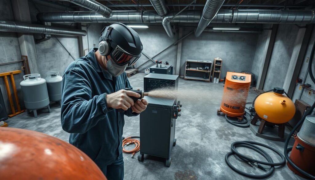 A well-lit, high-angle view of a professional sandblasting operation. In the foreground, a technician in protective gear carefully manipulates a sandblasting nozzle, directing a focused stream of fine abrasive particles onto a surface. The middle ground reveals an array of sandblasting equipment, including pressure tanks, hoses, and control panels. The background features a large, open industrial space with concrete floors and exposed ventilation ducts, creating a sense of scale and technical precision. The overall scene conveys the intricate, methodical process of sandblasting, with a focus on the skilled application of this technique.