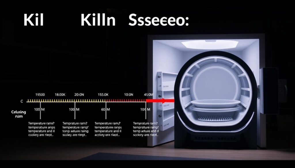 A well-lit, high-contrast diagram showcasing the key stages of a kiln firing schedule. The foreground features a timeline of temperature ramps, soak periods, and cooling phases, presented with clear numerical data and technical labels. The middle ground depicts a cross-section of a ceramic kiln, with the firing chamber and heat zones delineated. The background subtly suggests a studio environment, with hints of shelving and equipment silhouetted. The overall mood is informative and technical, with a focus on providing a comprehensive visual guide to the firing process.