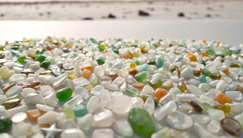 A well-lit, softly-focused surface displaying an array of meticulously-sorted sea glass pieces. The foreground features a variety of shapes, sizes, and colors neatly arranged in tidy rows, their frosted, translucent surfaces catching the gentle illumination. The middle ground showcases a smooth, neutral-toned backdrop, allowing the sea glass to take center stage. In the background, a subtle, out-of-focus natural setting hints at the beach's serene environment from which these treasures were collected. The overall mood is one of tranquility, organization, and appreciation for the beauty of these weathered, uniquely-shaped fragments. A well-lit, softly-focused surface displaying an array of meticulously-sorted sea glass pieces. The foreground features a variety of shapes, sizes, and colors neatly arranged in tidy rows, their frosted, translucent surfaces catching the gentle illumination. The middle ground showcases a smooth, neutral-toned backdrop, allowing the sea glass to take center stage. In the background, a subtle, out-of-focus natural setting hints at the beach's serene environment from which these treasures were collected. The overall mood is one of tranquility, organization, and appreciation for the beauty of these weathered, uniquely-shaped fragments.