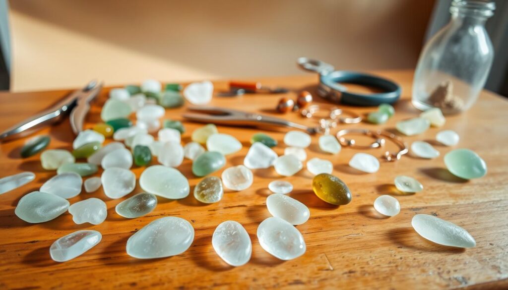 A well-lit studio setting showcasing the process of sea glass jewelry making. In the foreground, an assortment of smooth, frosty sea glass pieces in various shapes and colors, arranged neatly on a wooden table. In the middle ground, a pair of pliers, wire cutters, and other jewelry-making tools, along with a few unfinished pendants and earrings. The background features a neutral, yet warm-toned backdrop, allowing the sea glass and jewelry-making elements to take center stage. Soft, natural lighting illuminates the scene, highlighting the translucent quality and the unique textures of the sea glass. The overall mood is one of serene creativity, inviting the viewer to imagine the possibilities of transforming these found treasures into wearable art. A well-lit studio setting showcasing the process of sea glass jewelry making. In the foreground, an assortment of smooth, frosty sea glass pieces in various shapes and colors, arranged neatly on a wooden table. In the middle ground, a pair of pliers, wire cutters, and other jewelry-making tools, along with a few unfinished pendants and earrings. The background features a neutral, yet warm-toned backdrop, allowing the sea glass and jewelry-making elements to take center stage. Soft, natural lighting illuminates the scene, highlighting the translucent quality and the unique textures of the sea glass. The overall mood is one of serene creativity, inviting the viewer to imagine the possibilities of transforming these found treasures into wearable art.