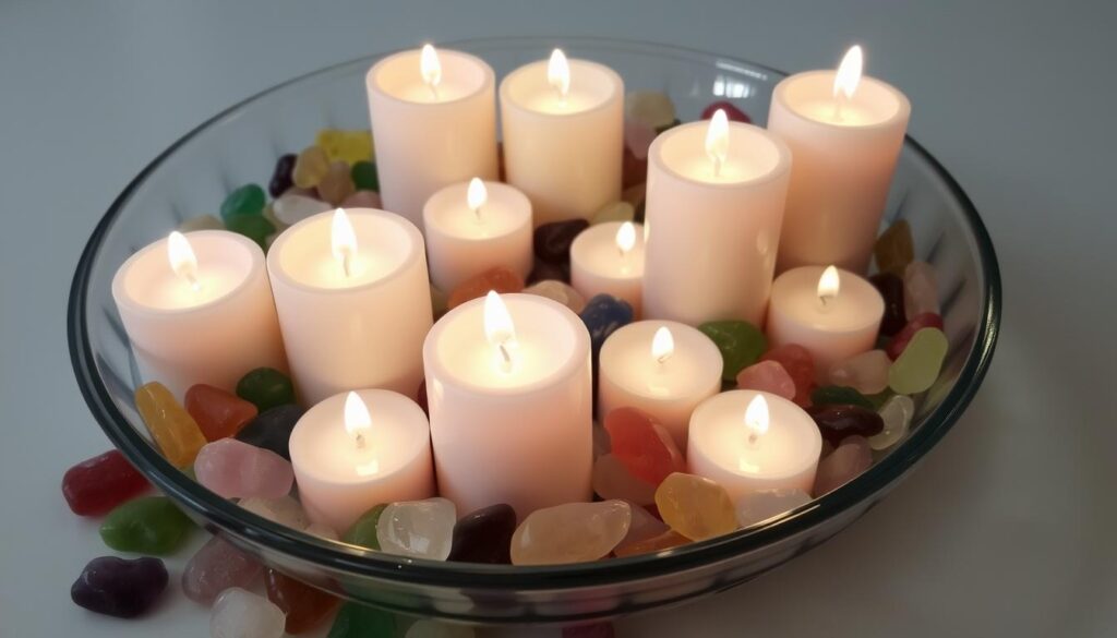 Battery-operated candles surrounded by sea glass in a glass pie plate