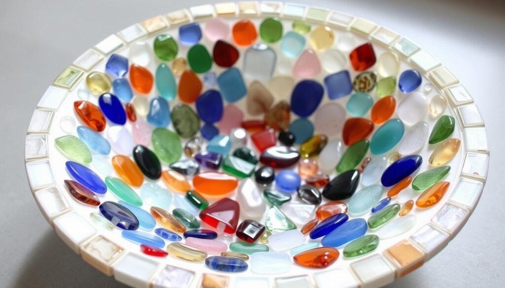 Create an image of a beautiful sea glass mosaic bowl with a variety of colored glass pieces arranged in a mosaic pattern.