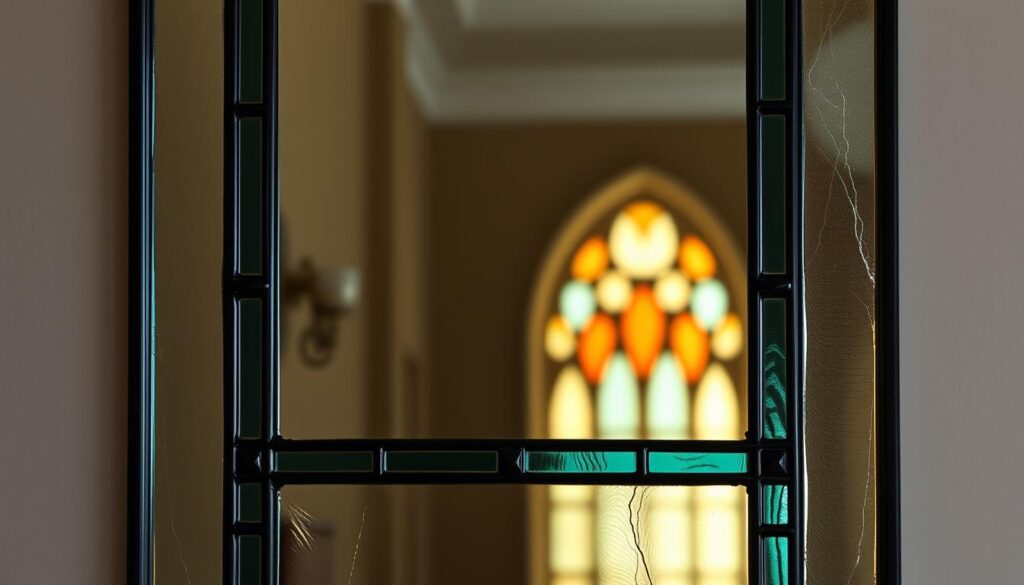 Create an image of a stained glass mirror with a beveled border Create an image of a stained glass mirror with a beveled border