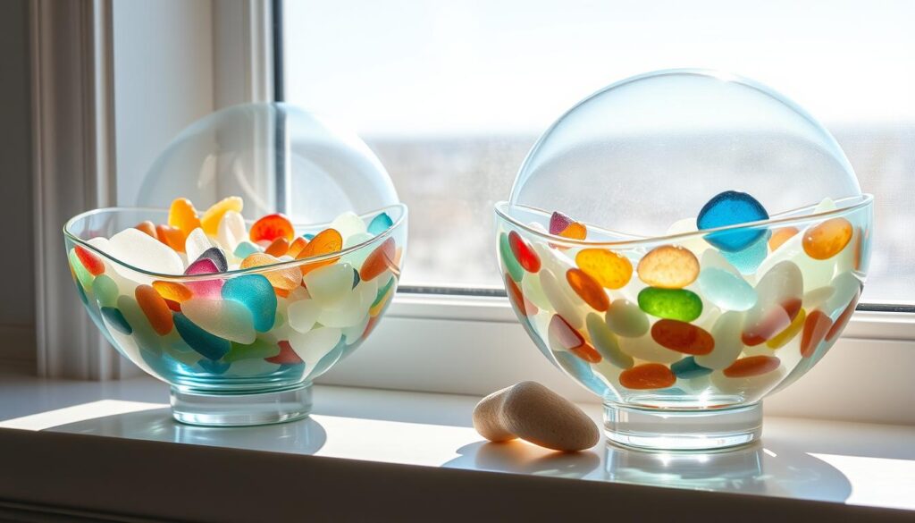 Decorative glass bowls for displaying sea glass on a window sill