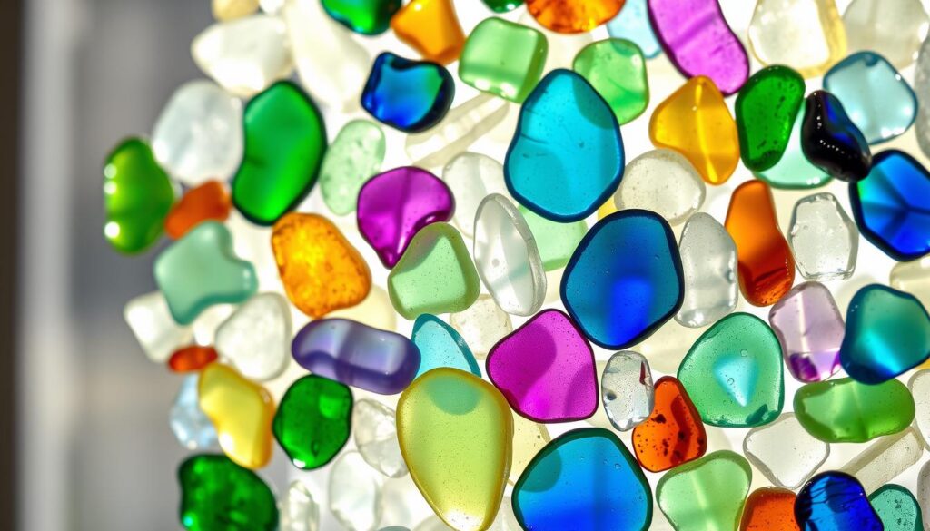 Design an image of a sea glass window suncatcher with glass pieces arranged to refract light and create a colorful display.