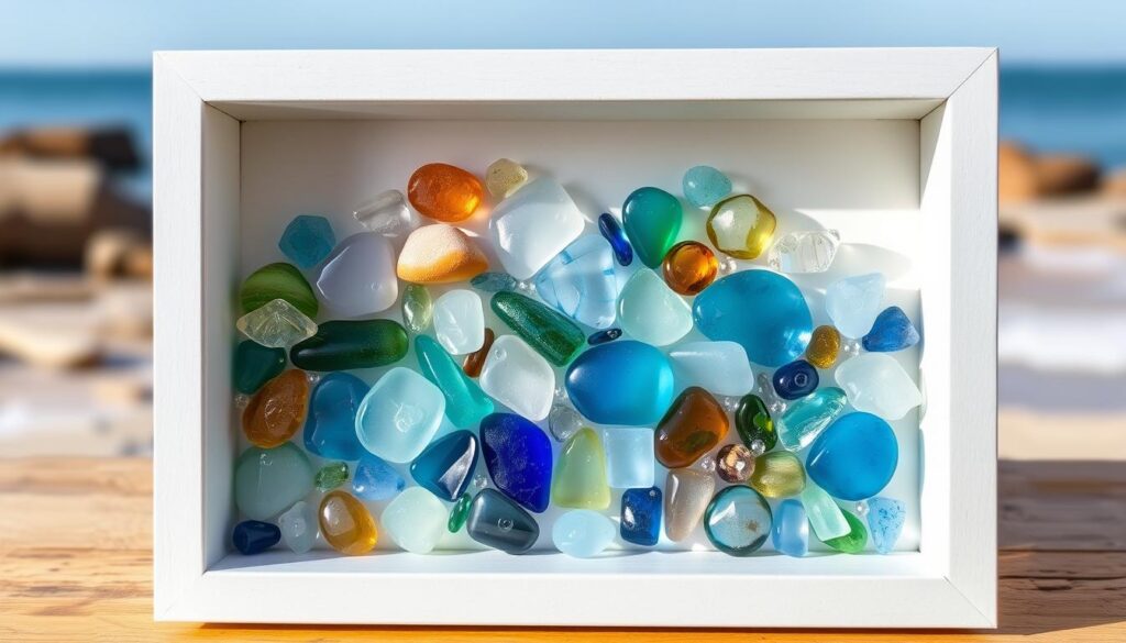 Envision a shadow box frame filled with a beautiful arrangement of sea glass, creating a stunning piece of art for your home.