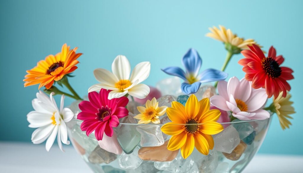Glass vase filled with flowers, sea glass, and water
