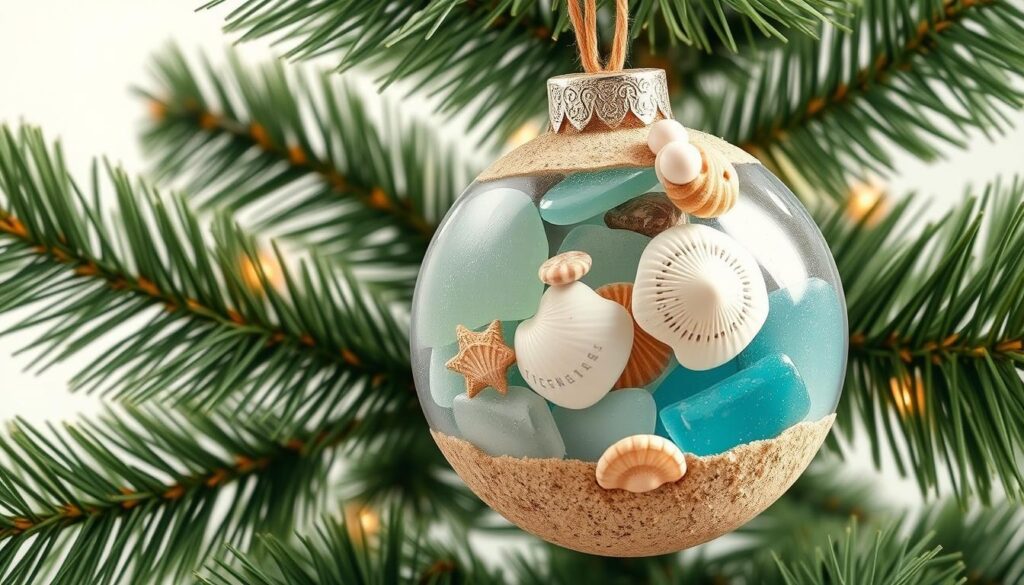 Image of a Christmas tree ornament made with sea glass, sand, and shells.