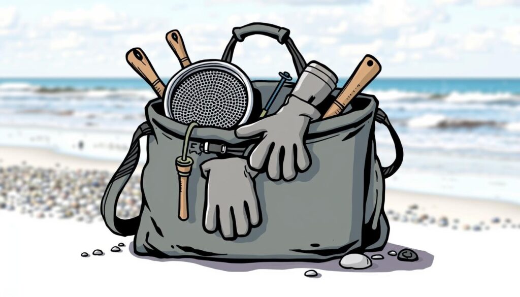 Image of a beachcomber's bag with essential tools like a sieve, gloves, and a bucket.