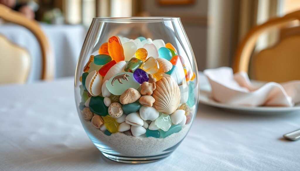 Image of a clear vase filled with sea glass, shells, and sand on a dining table.