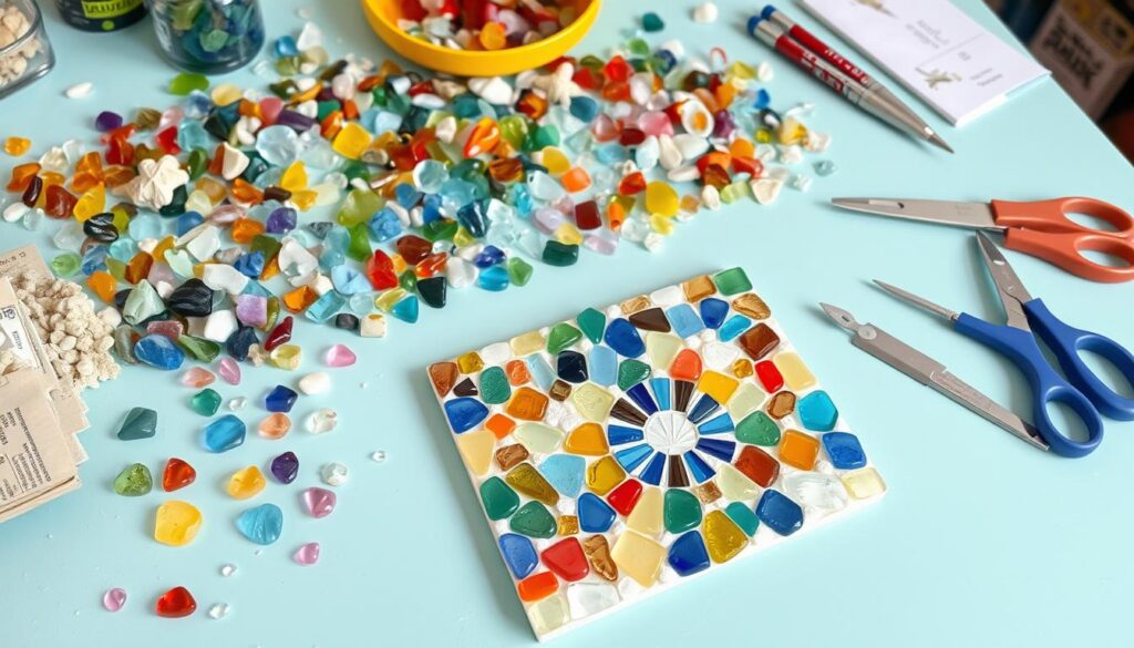 Image of a craft table with various sea glass mosaic supplies Image of a craft table with various sea glass mosaic supplies