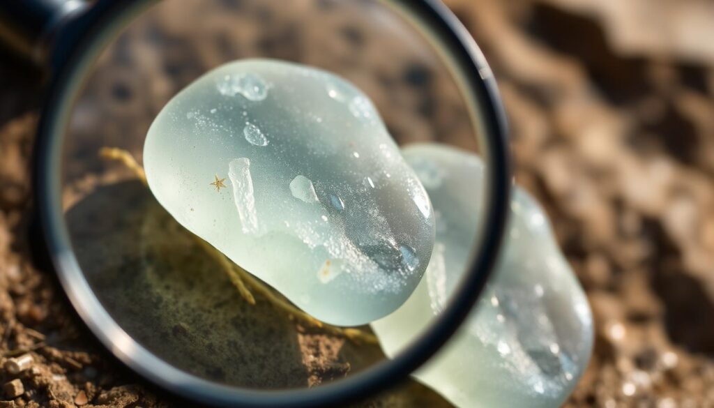 Image of a magnifying glass examining a piece of sea glass