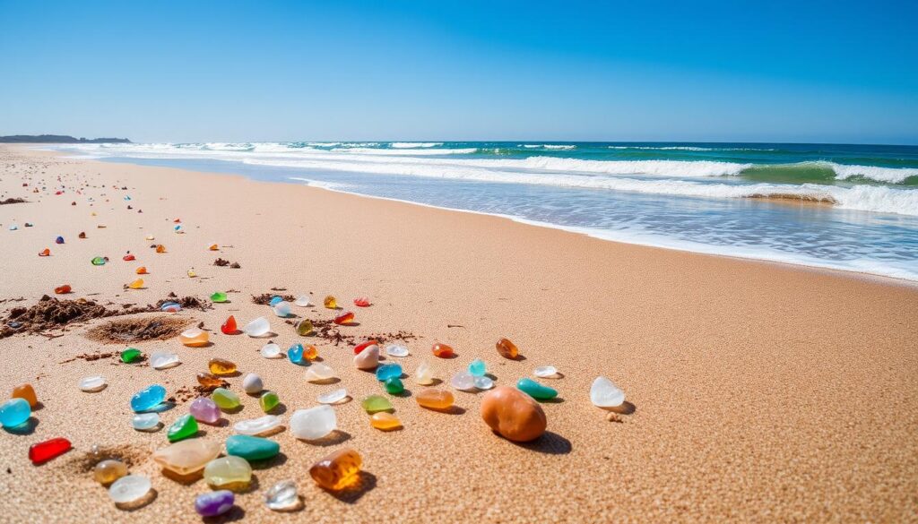 Image of a serene beach with sea glass scattered along the shoreline