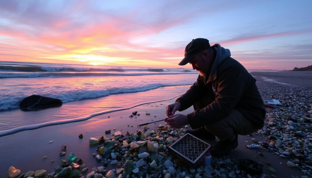 Image of a serious sea glass hunter using specialized tools Image of a serious sea glass hunter using specialized tools