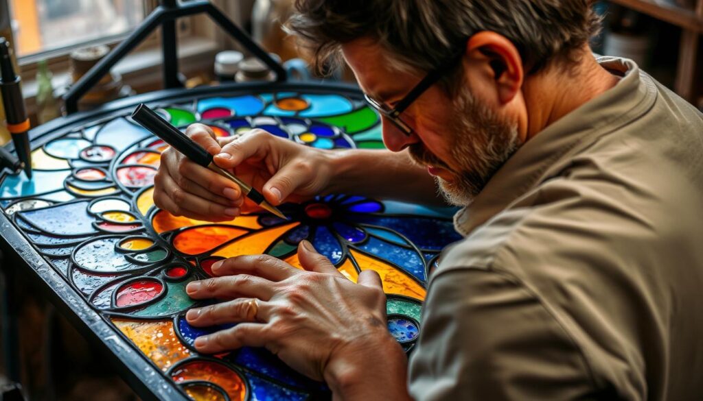 Image of a stained glass artist applying patina to a finished piece