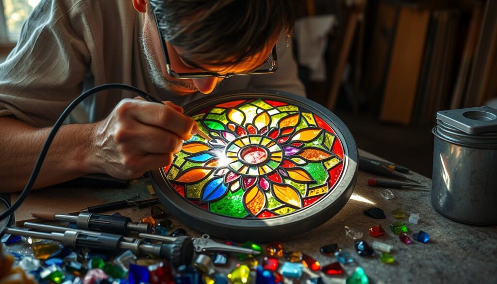 Image of a stained glass artist soldering a piece