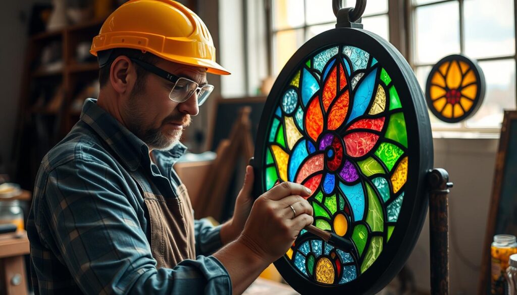 Image of a stained glass artist wearing safety gear
