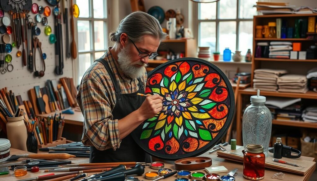 Image of a stained glass artist working on a pattern with various tools and supplies around them.