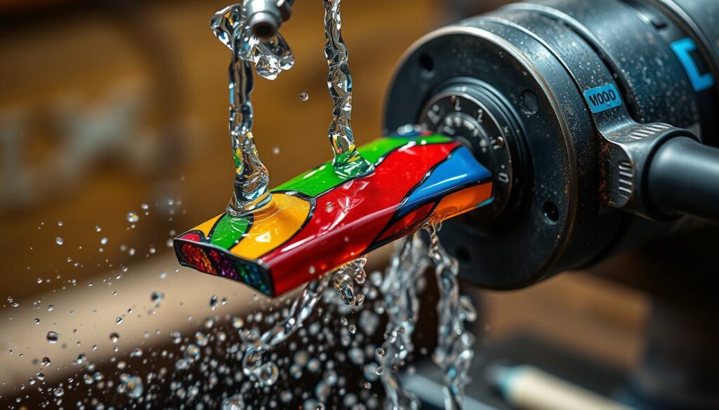 Image of a stained glass grinder in operation, with water flowing and a piece of glass being ground.