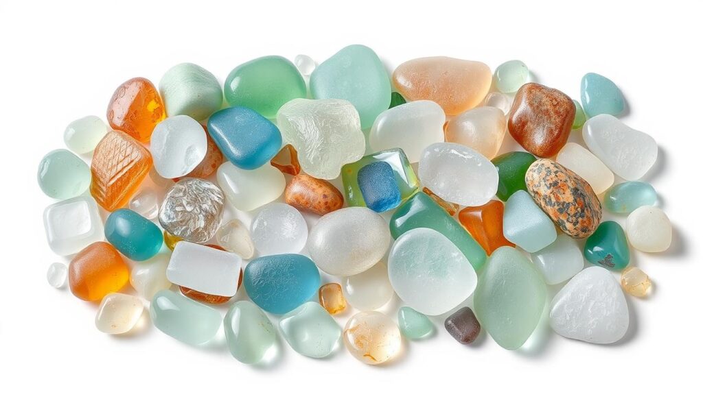 Image of different types of sea glass in various colors and sizes