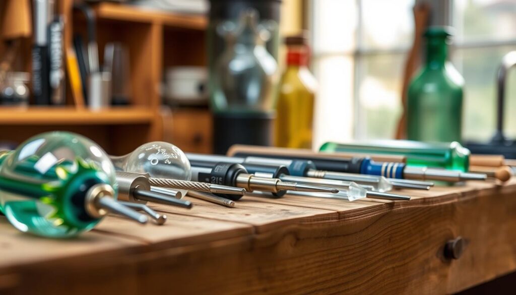 Image of various glass cutting tools on a work surface