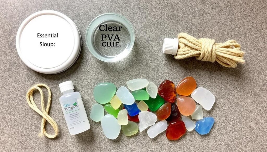 Image of various materials needed for a sea glass suncatcher, including a circular lid, clear PVA glue, sea glass, and twine.